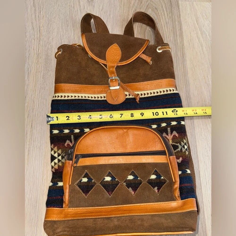 Western Leather Brown & Blue Boho Aztec Drawstring Backpack